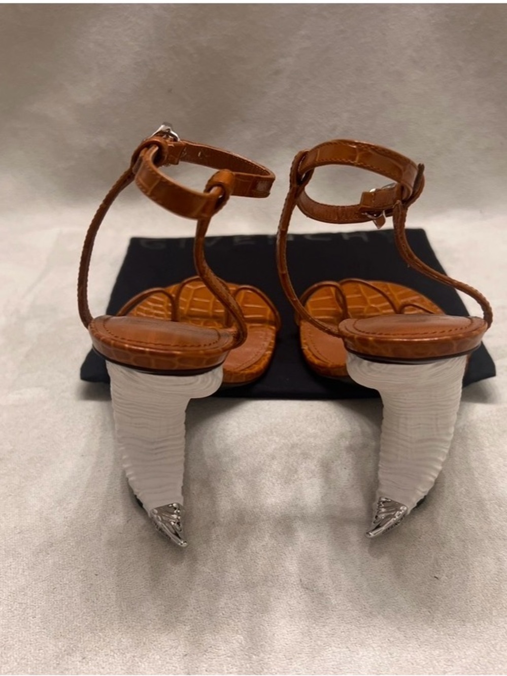 Givenchy Tan Croc-Effect Ankle-Strap Heels with Crocodile Embossed Horn Sandals - Picture 7 of 10